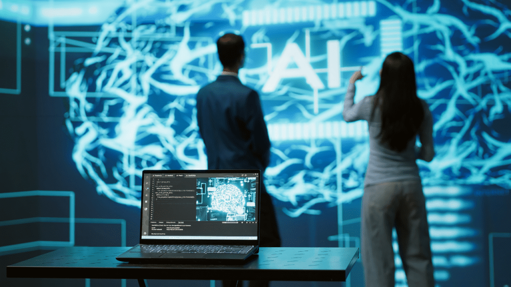 Homem e mulher olhando holograma de cérebro azul com iniciair AI.