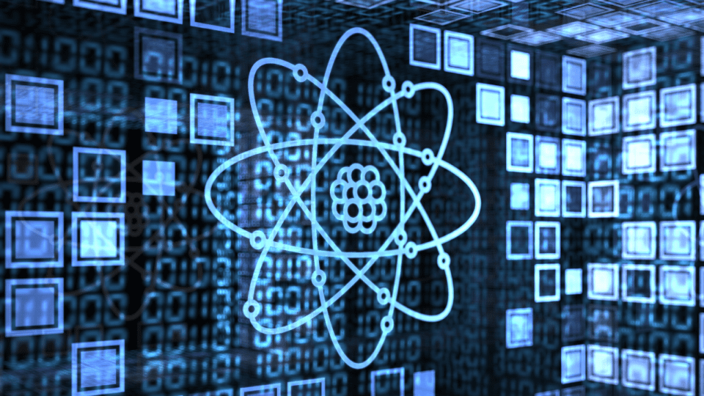 Representação digital de computação quântica com átomo estilizado em meio a dados binários e blocos virtuais, simbolizando o impacto da tecnologia quântica na segurança da informação.