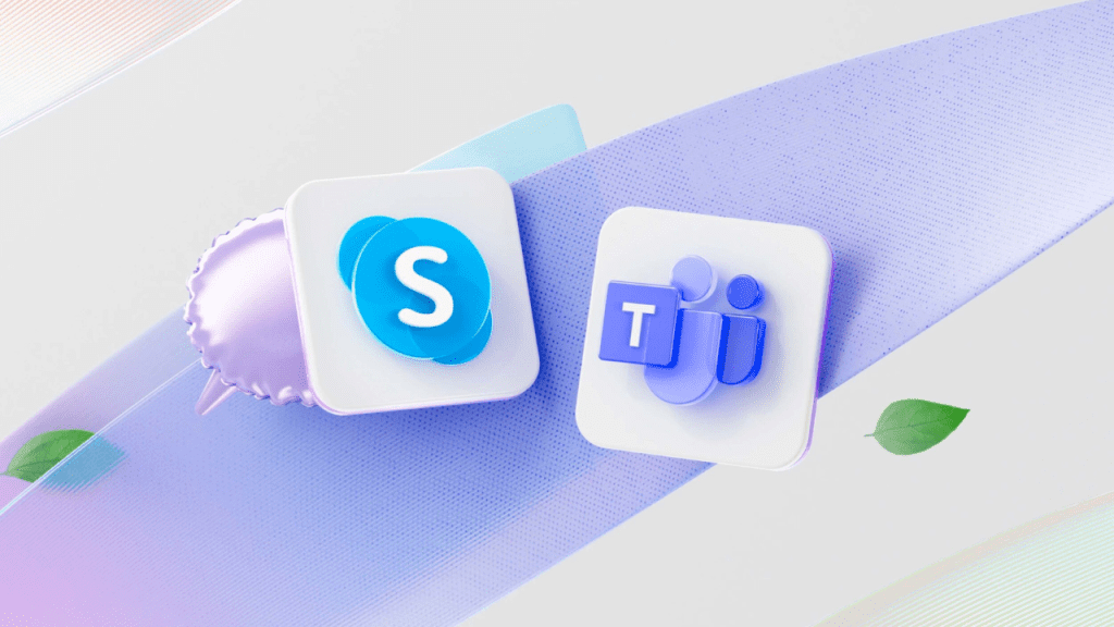 Ícones 3D dos aplicativos Skype e Microsoft Teams sobre um fundo moderno com tons de roxo e elementos gráficos. Representa a transição do Skype para o Teams como principal plataforma de comunicação da Microsoft.