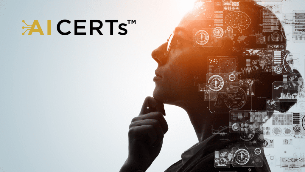 Pessoa olhando pensativa com elementos gráficos tecnológicos sobre inteligência artificial ao redor da cabeça, representando inovação e certificação em IA. Logotipo da AI CERTs no canto superior esquerdo.