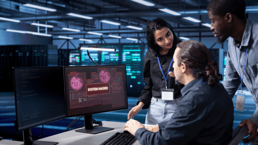 Equipe de TI analisando violação de segurança em servidores, com alerta de 'System Hacked' na tela em ambiente de data center