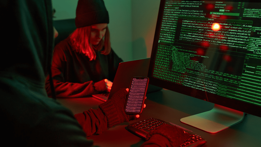 Pessoa com capuz e luvas usa smartphone diante de monitor com linhas de código, enquanto outra trabalha em um laptop ao fundo em ambiente escuro.