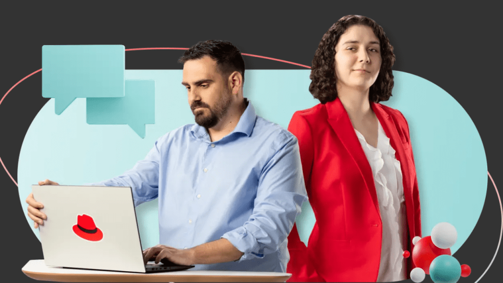 Profissionais de TI: homem usando notebook com logo da Red Hat e mulher de blazer vermelho, em fundo com ícones de chat — OpenShift Virtualization, Fast Lane.