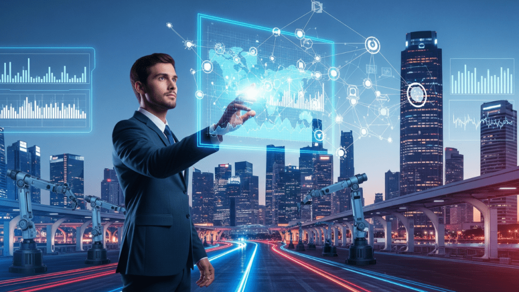 Executivo em terno interage com painel digital holográfico cheio de gráficos e mapa mundi, em cenário de cidade futurista com braços robóticos e luzes, representando transformação digital, IA e automação industrial.