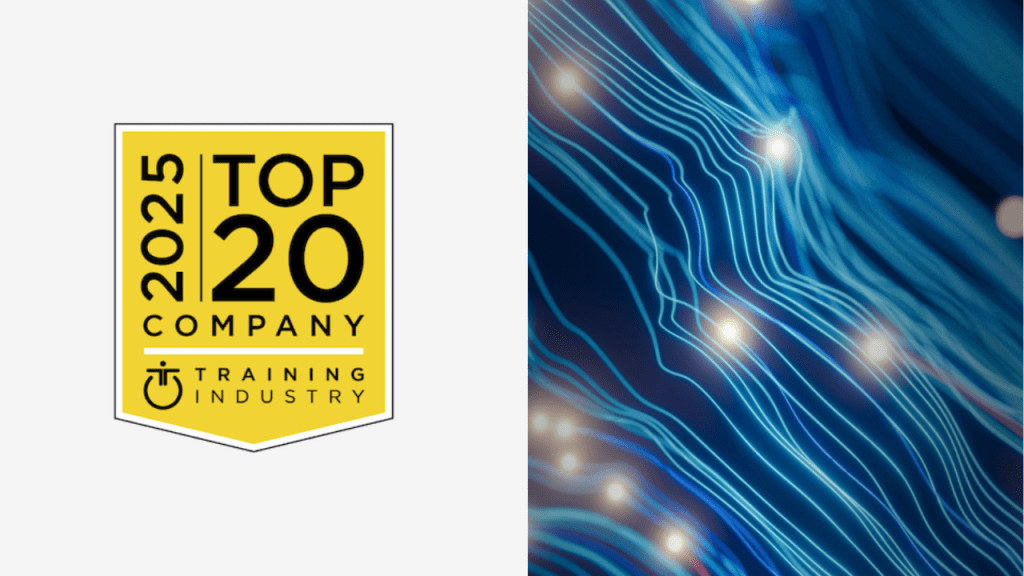 Selo amarelo “2025 Top 20 Company – Training Industry” ao lado de arte abstrata em tons de azul com linhas de luz representando tecnologia e inovação.