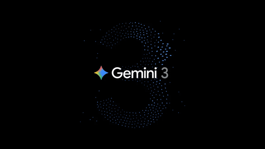 Logo do Gemini 3 do Google sobre fundo preto, com o ícone multicolorido em forma de estrela ao lado do texto “Gemini 3” formado por pontos azuis que desenham o número 3.