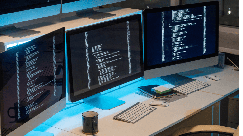 Três monitores em uma mesa de trabalho exibindo linhas de código, com teclado e mouse, iluminação azul e itens de escritório — ambiente de TI/cibersegurança.