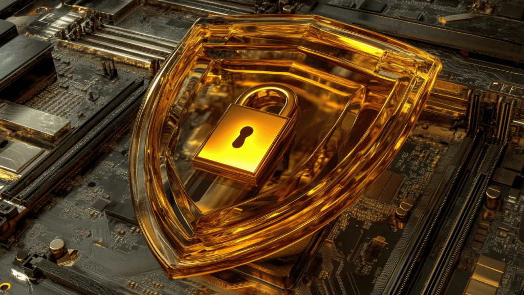Escudo dourado translúcido com um cadeado ao centro sobre uma placa-mãe, simbolizando cibersegurança, proteção de dados e ciberresiliência em 2026.