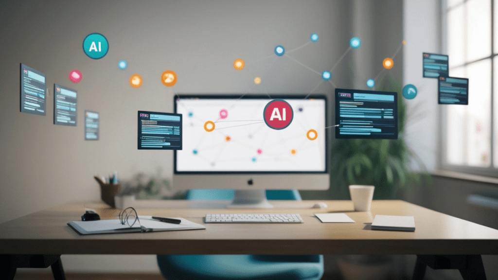 Mesa de trabalho com computador ao centro exibindo “AI”, cercado por cards e ícones conectados em rede, representando governança de IA, gestão de dados e integração de sistemas no ambiente corporativo.