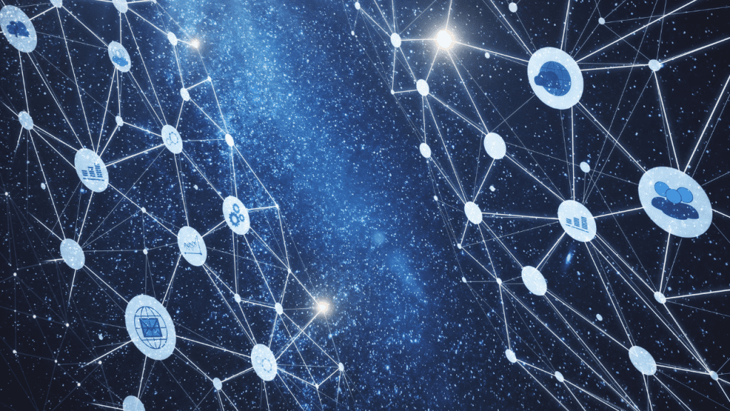 Ilustração em tons de azul com rede de nós conectados e ícones de analytics, dados e nuvem, representando integração e automação de engenharia de dados.