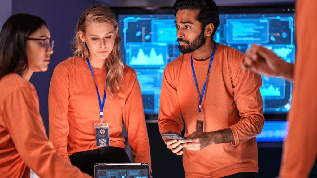 Três profissionais com crachás e camisetas laranja analisam um tablet e discutem em uma sala de monitoramento, com telas ao fundo exibindo gráficos e painéis de dados, em cenário de cibersegurança.