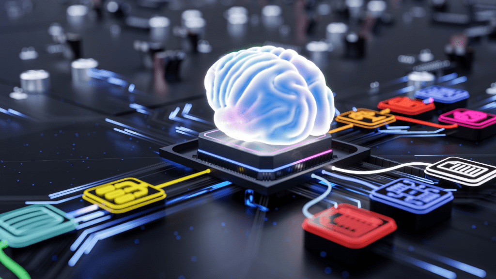 Ilustração 3D de um cérebro digital brilhante sobre um chip, conectado por circuitos coloridos a ícones tecnológicos, representando inteligência artificial, processamento de dados e infraestrutura de cloud.
