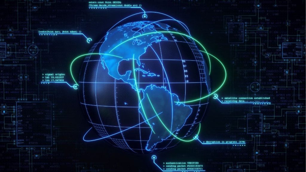 Mapa digital da América Latina conectado por linhas de rede, representando a demanda por especialistas em cibersegurança, cloud computing e dados na transformação digital da região.