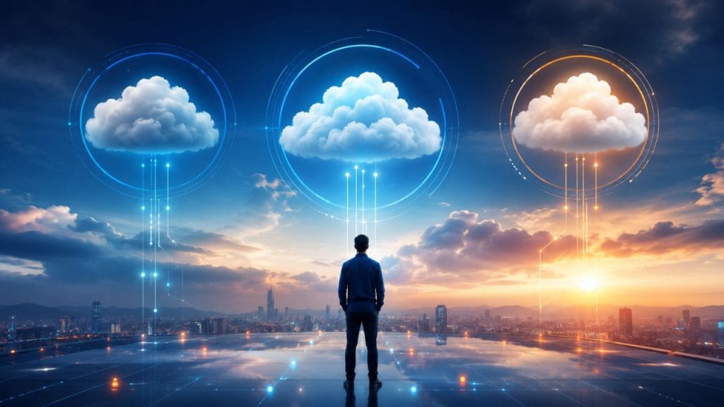 Profissional observando três nuvens digitais em um cenário tecnológico, representando a escolha entre AWS, Azure e Google Cloud para iniciar uma carreira em cloud computing.
