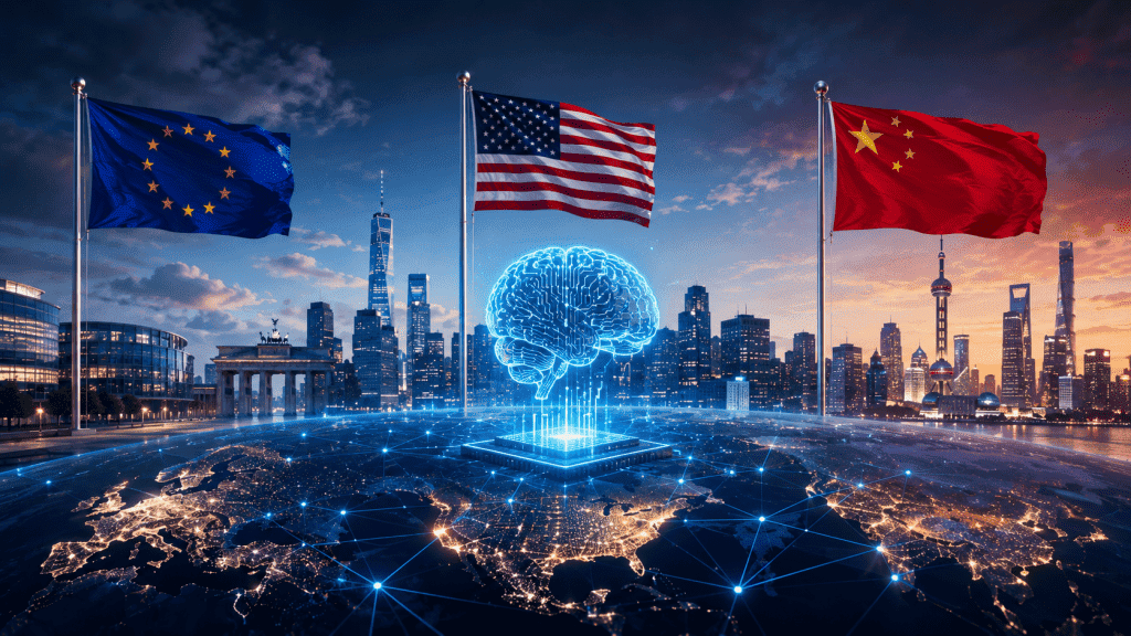Bandeiras da União Europeia, Estados Unidos e China sobre um mapa global conectado, com um cérebro digital ao centro representando a disputa mundial pela liderança em inteligência artificial.