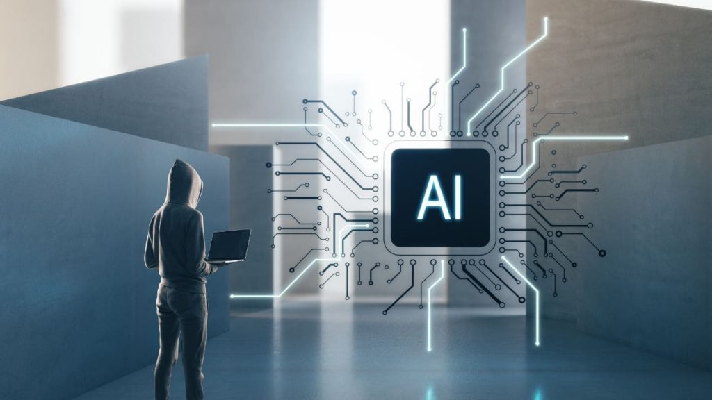 Pessoa usando notebook diante de um símbolo de inteligência artificial conectado por circuitos digitais, representando golpes com IA, cibersegurança e riscos digitais na Copa do Mundo 2026.