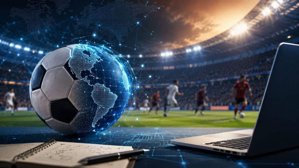 Bola de futebol com elementos digitais e mapa global em um estádio, ao lado de um notebook, representando a conexão entre esporte, tecnologia e transformação digital.