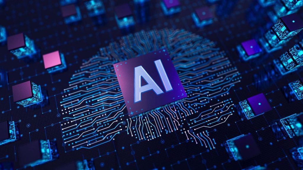 Chip digital com o termo AI ao centro, cercado por circuitos e elementos tecnológicos, representando aplicações práticas da inteligência artificial nas empresas.