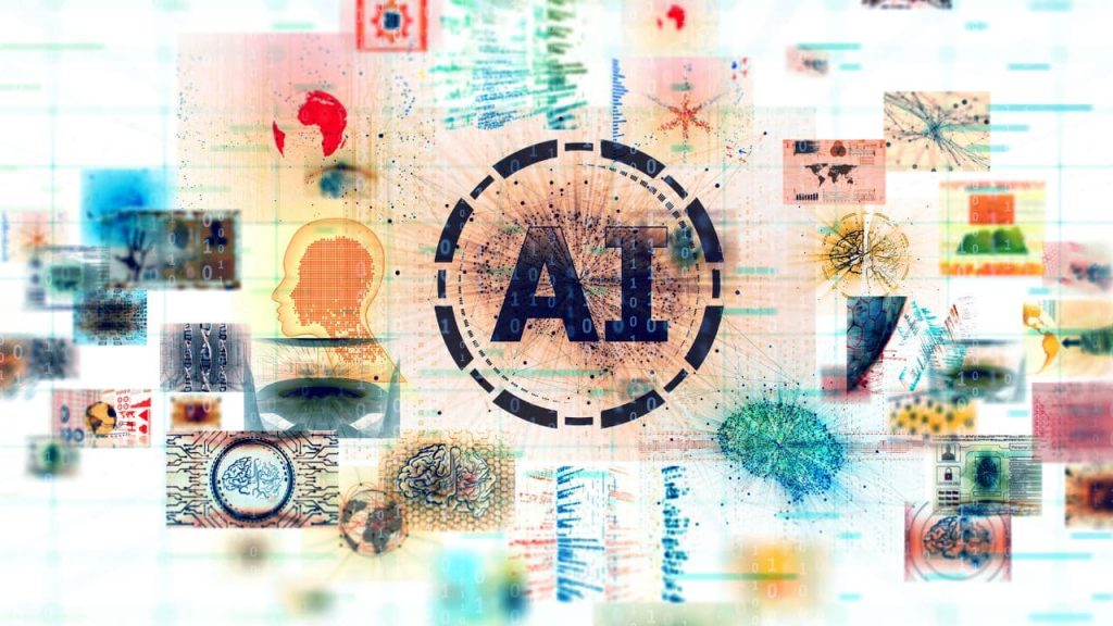 Ilustração digital sobre inteligência artificial, com o termo AI ao centro, ícones de cérebro, dados e conexões tecnológicas representando o avanço da IA e seu impacto na indústria.