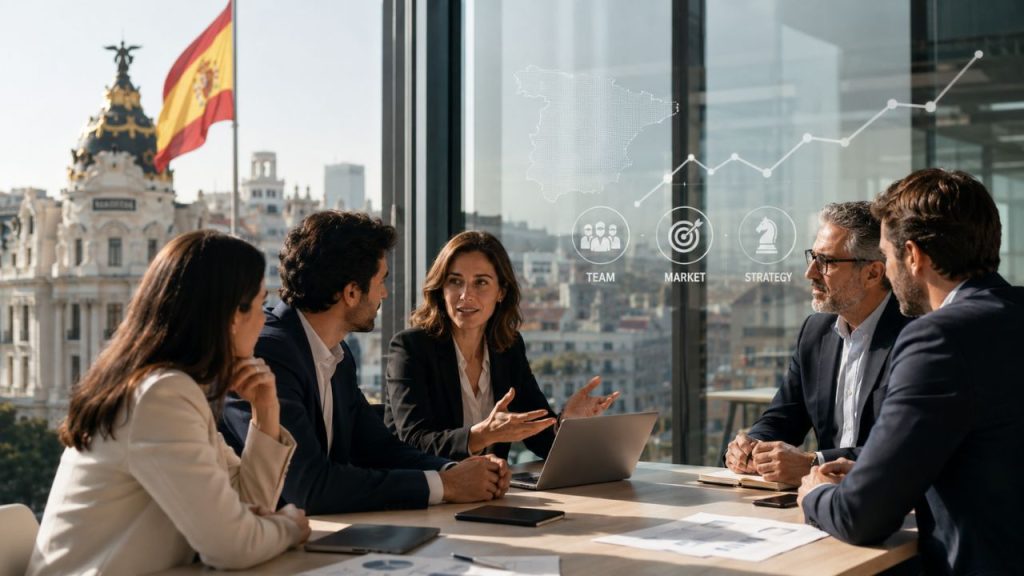 Executivos em reunião estratégica em escritório com vista para Madrid, com bandeira da Espanha ao fundo e gráficos visuais que representam equipe, mercado, estratégia e crescimento de startups.
