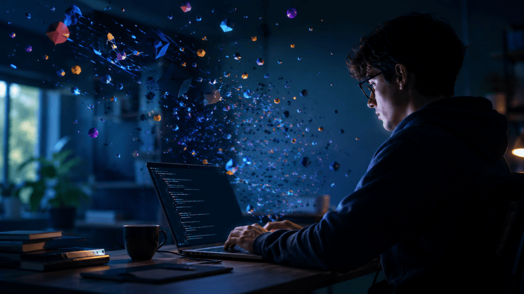 Programador trabalhando em um notebook com código na tela, enquanto elementos digitais abstratos representam o uso de inteligência artificial no desenvolvimento de software.