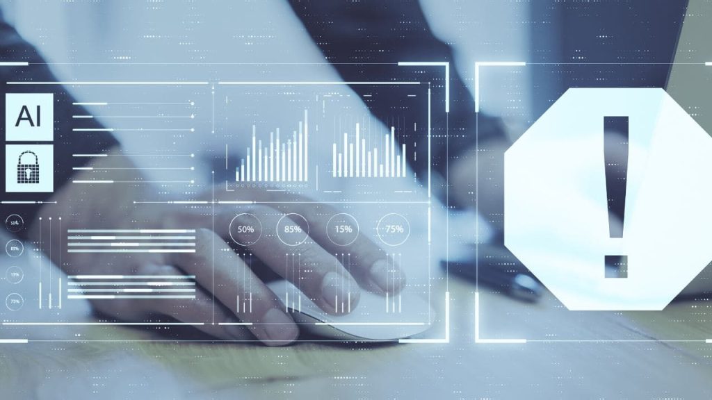 Interface digital com ícones de IA, segurança e alerta sobre mãos digitando em um teclado, representando riscos de credenciais roubadas e proteção contra ameaças cibernéticas.