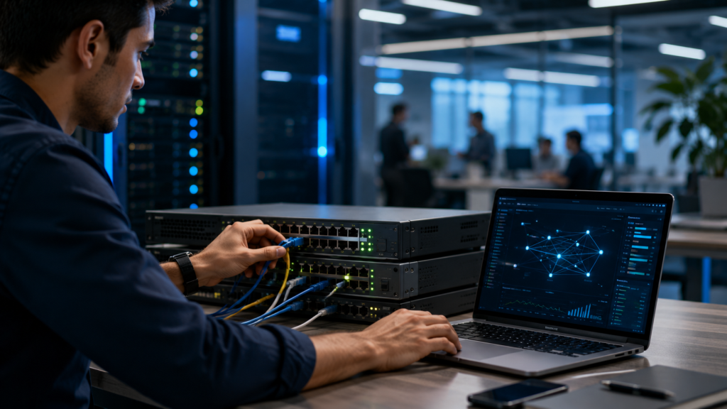 Profissional de redes configurando switches e monitorando conexões em um notebook, representando a evolução do CCNA 2.0, networking, segurança e operações de rede.
