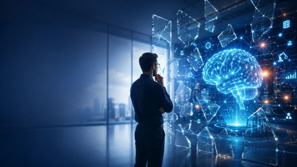 Profissional observando uma representação digital de cérebro com conexões e dados, simbolizando mitos sobre inteligência artificial, inovação e adoção de IA nas empresas.