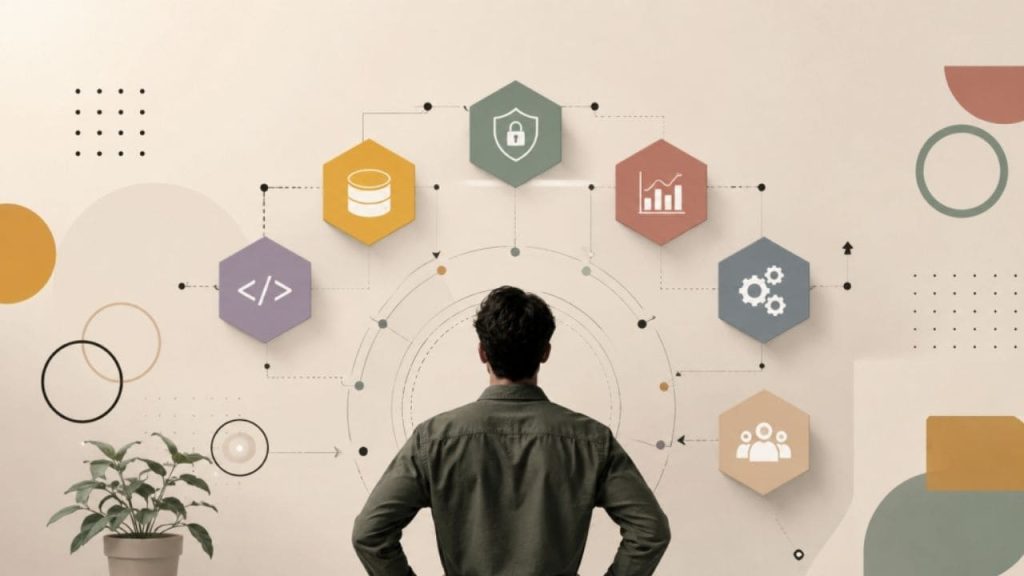 Profissional analisando ícones de tecnologia, segurança, dados, automação e desenvolvimento, representando habilidades cloud transferíveis entre AWS, Azure e Google Cloud.