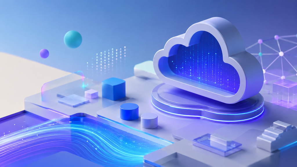 Ilustração 3D de computação em nuvem com ícone de cloud, fluxos de dados e conexões digitais, representando AWS Certified Cloud Practitioner e fundamentos de cloud computing.
