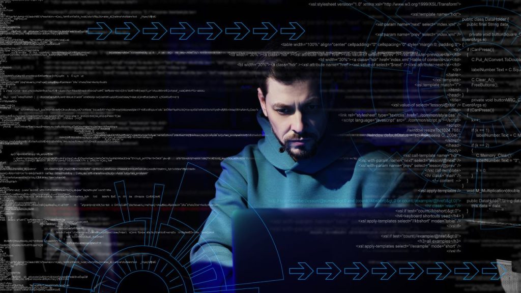 Profissional analisando códigos e fluxos digitais em um ambiente de cibersegurança, representando cibercrime em velocidade de máquina, automação de ataques e resposta a incidentes.