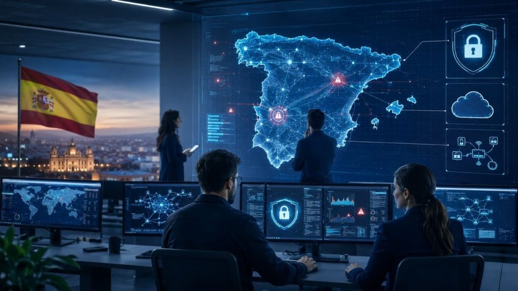 Centro de operaciones de ciberseguridad en España con profesionales monitorizando amenazas, mapa digital del país, alertas de seguridad, cloud y dispositivos conectados.