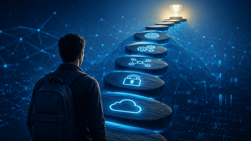 Profissional planejando uma rota de certificação tecnológica em uma tela digital, com ícones de cloud, cibersegurança, dados e inteligência artificial conectados a um caminho de aprendizagem.
