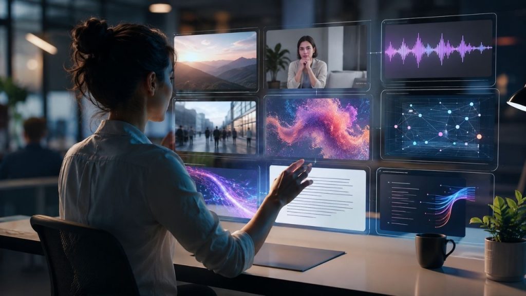 Profissional analisando diferentes formatos de dados em telas digitais, incluindo imagem, vídeo, áudio, texto e gráficos, representando aplicações empresariais da IA multimodal.