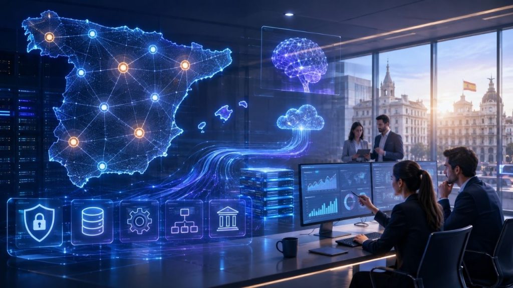 Mapa digital de España conectado por nodos de datos en una oficina tecnológica, con profesionales analizando información y elementos visuales de inteligencia artificial, cloud, ciberseguridad y automatización.