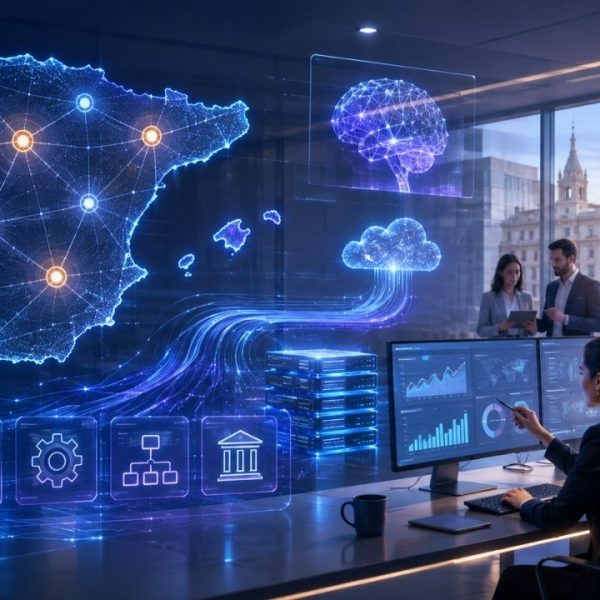 Mapa digital de España conectado por nodos de datos en una oficina tecnológica, con profesionales analizando información y elementos visuales de inteligencia artificial, cloud, ciberseguridad y automatización.
