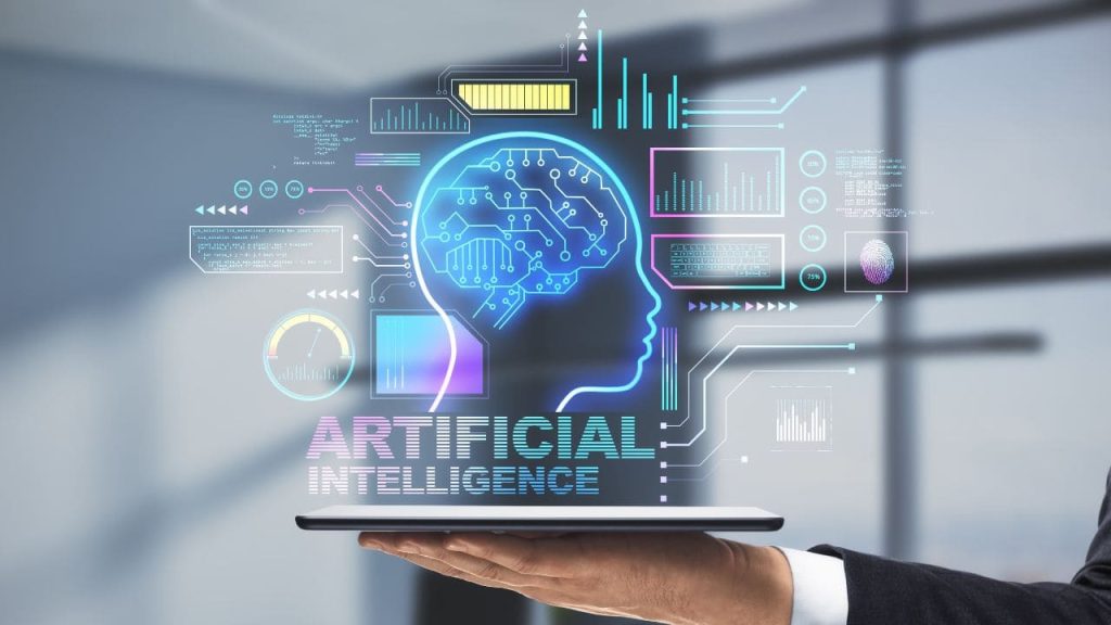 Representação visual de inteligência artificial em ambiente corporativo, com cérebro digital, dados e gráficos projetados sobre um tablet, destacando IA, produtividade e transformação digital nas empresas.