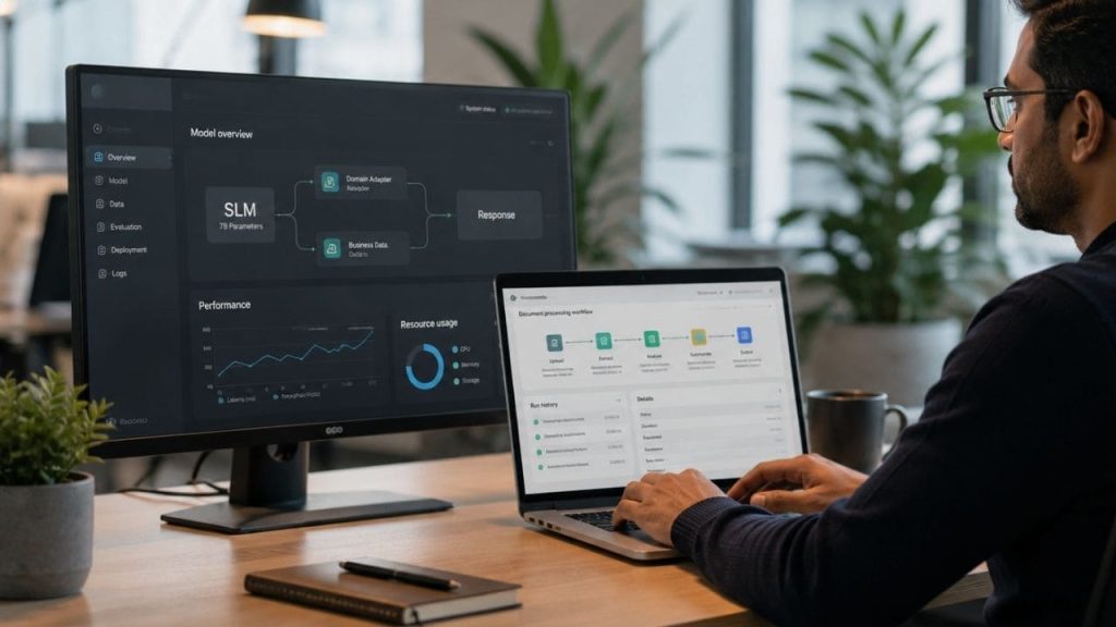 Profissional analisando dashboard de Small Language Models em um escritório, com fluxos de automação e métricas de desempenho para aplicações empresariais de IA.