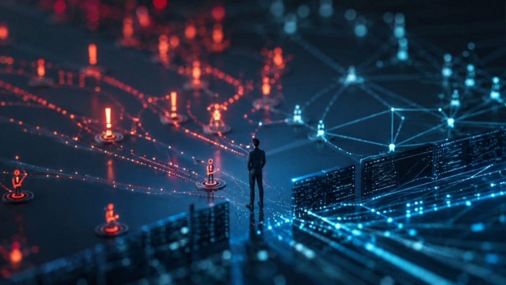 Representação digital de Threat Intelligence com conexões em vermelho e azul, indicando ameaças, dados de segurança e análise para antecipar riscos cibernéticos.
