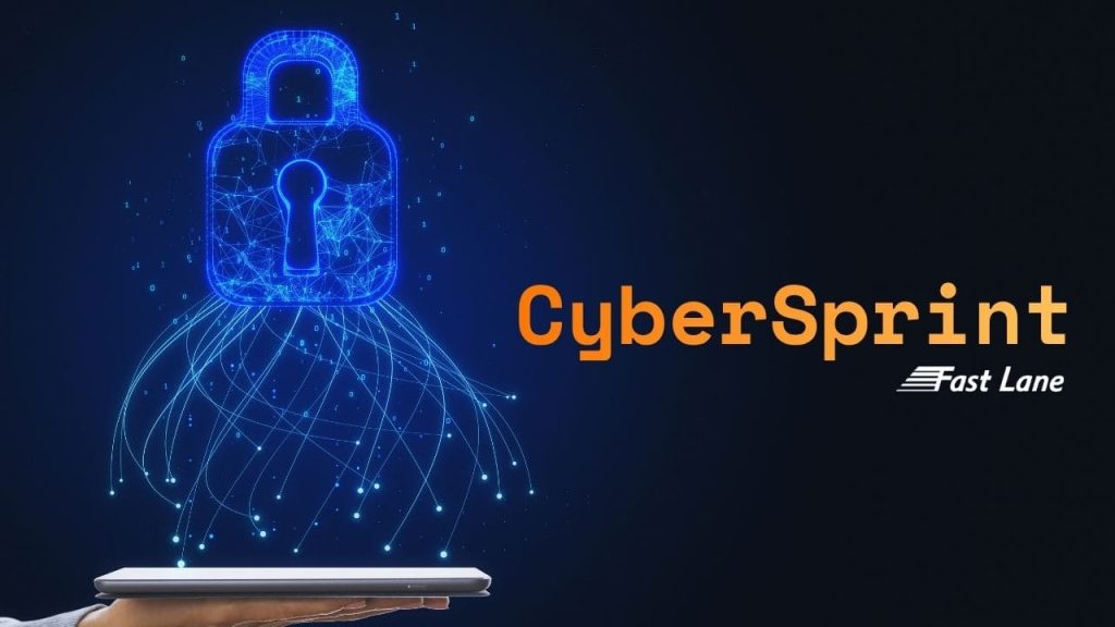 Ilustração de cibersegurança com um cadeado digital azul sobre um globo conectado a uma rede de dados, acompanhada do título “CyberSprint” e do logotipo da Fast Lane.