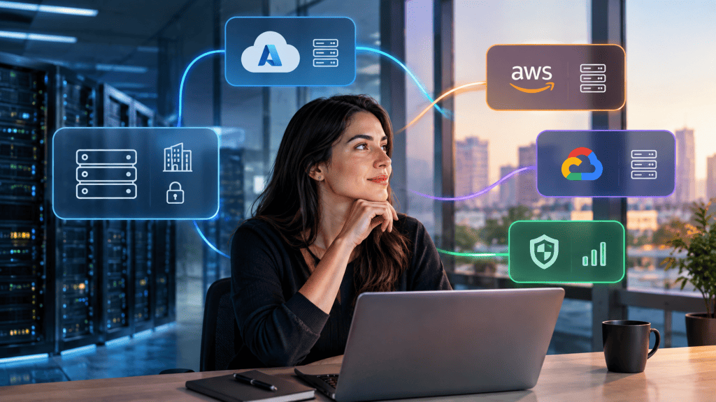 Uma mulher de frente para um computador olhando um diagrama de arquitetura de nuvem híbrida e multicloud conectando data center local a AWS, Microsoft Azure e Google Cloud